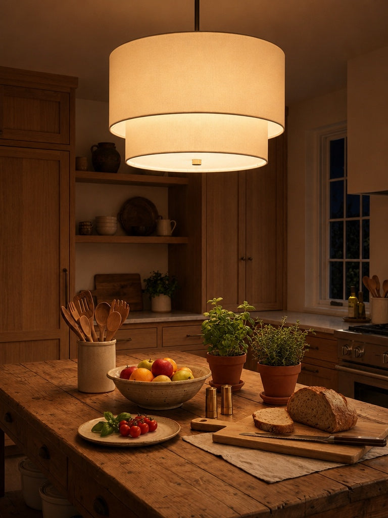 Dubbele Stoffen Drum Hanglamp – Moderne Gelaagde Kap Plafondlamp voor Eetkamer Woonkamer