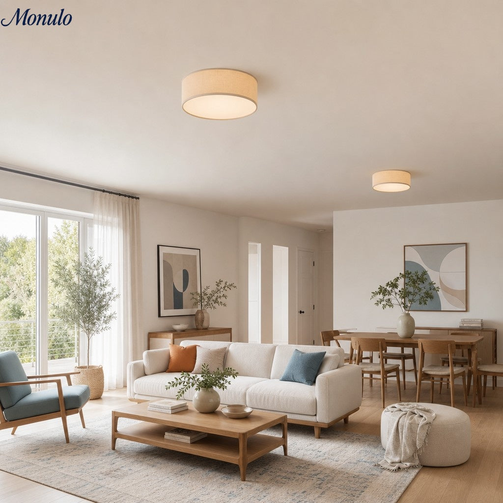 Plafondlamp met Linnen Kap – Drumvorm Ø30/45cm – Modern Scandinavisch Design – Elegante Verlichting Woonkamer Slaapkamer Eetkamer