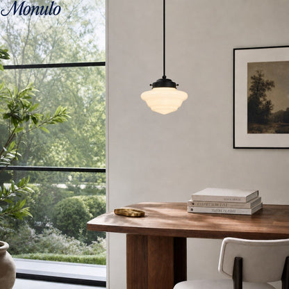 Vintage Art Deco Melkglas Hanglamp met Gestreepte Kap voor Eetkamer en Woonruimte