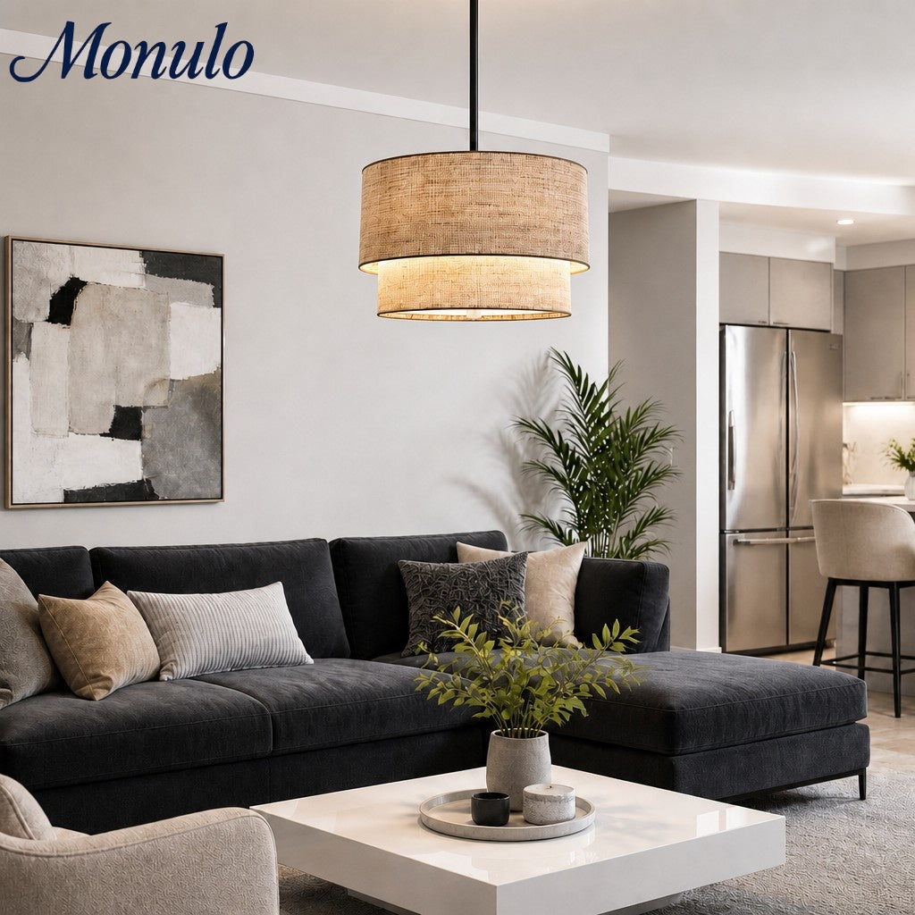 Dubbele Stoffen Drum Hanglamp – Moderne Gelaagde Kap Plafondlamp voor Eetkamer Woonkamer