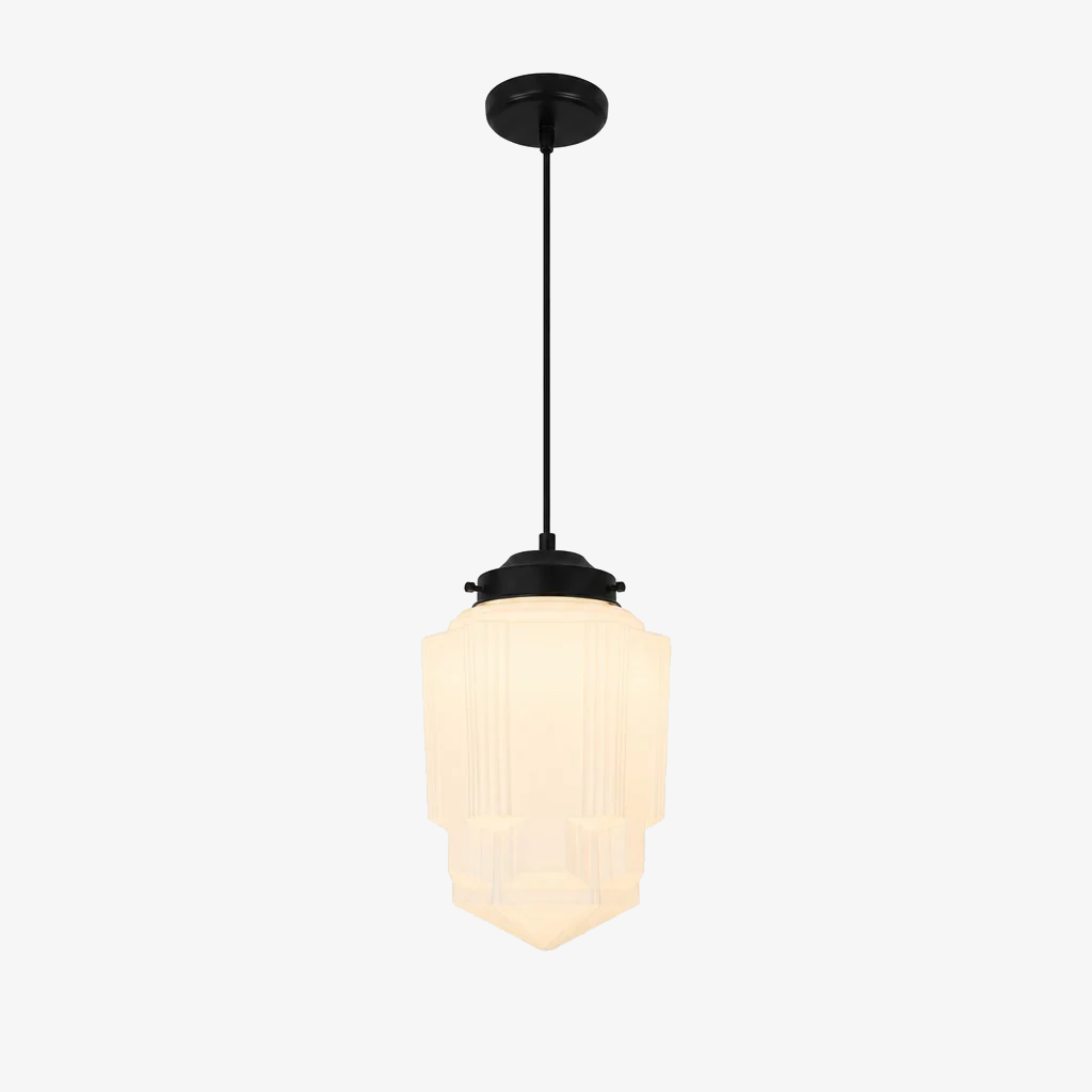Vintage Art Deco Melkglas Hanglamp met Gestreepte Kap voor Eetkamer en Woonruimte