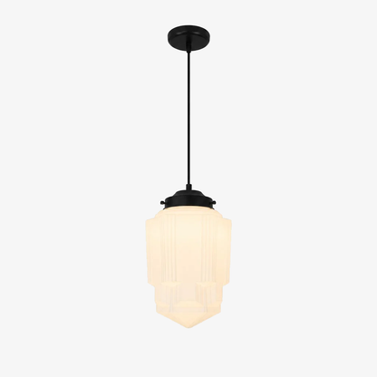 Vintage Art Deco Melkglas Hanglamp met Gestreepte Kap voor Eetkamer en Woonruimte