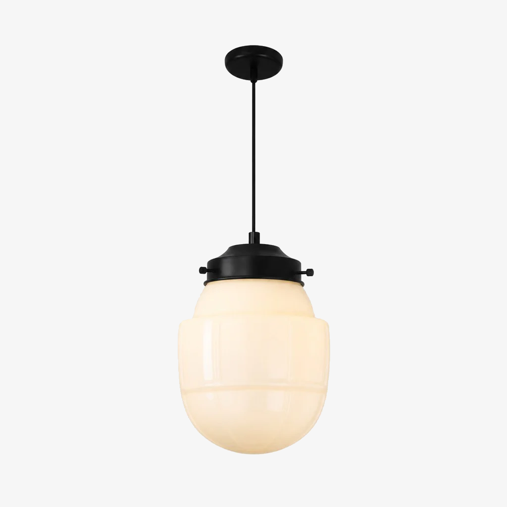Vintage Art Deco Melkglas Hanglamp met Gestreepte Kap voor Eetkamer en Woonruimte