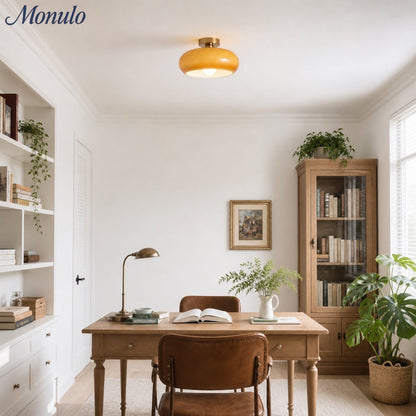 Plafondlamp Glazen Schijf Bauhaus Design Messing of Chroom Oranjegeel of Wit Glas Retro Stijlvolle Verlichting
