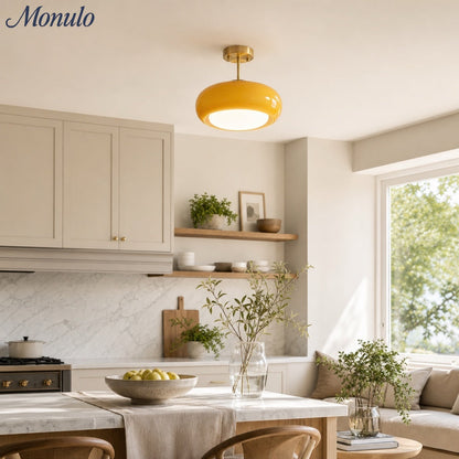 Plafondlamp Glazen Schijf Bauhaus Design Messing of Chroom Oranjegeel of Wit Glas Retro Stijlvolle Verlichting