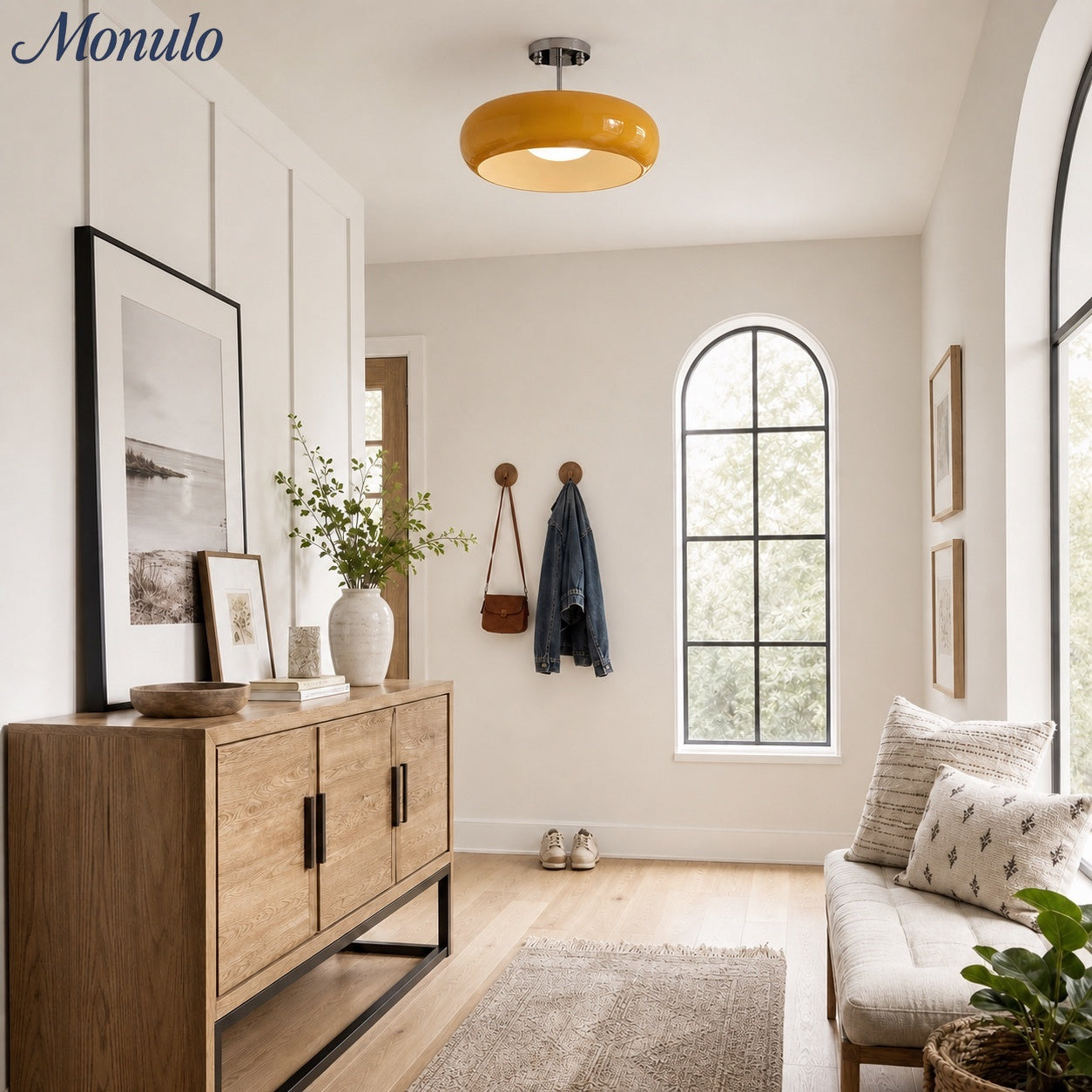 Plafondlamp Glazen Schijf Bauhaus Design Messing of Chroom Oranjegeel of Wit Glas Retro Stijlvolle Verlichting
