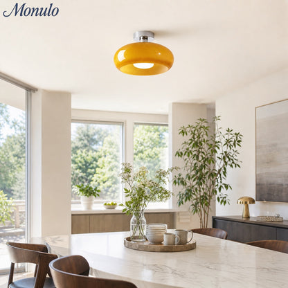 Plafondlamp Glazen Schijf Bauhaus Design Messing of Chroom Oranjegeel of Wit Glas Retro Stijlvolle Verlichting