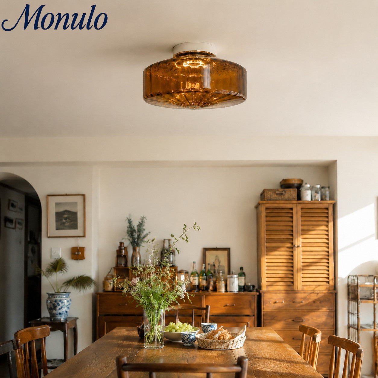 Vintage Geribbeld Glazen Plafondlamp Groen – Klassieke Verlichting voor Eetkamer, Entree & Gang