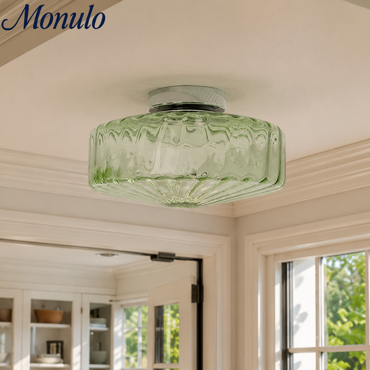 Vintage Geribbeld Glazen Plafondlamp Groen – Klassieke Verlichting voor Eetkamer, Entree & Gang