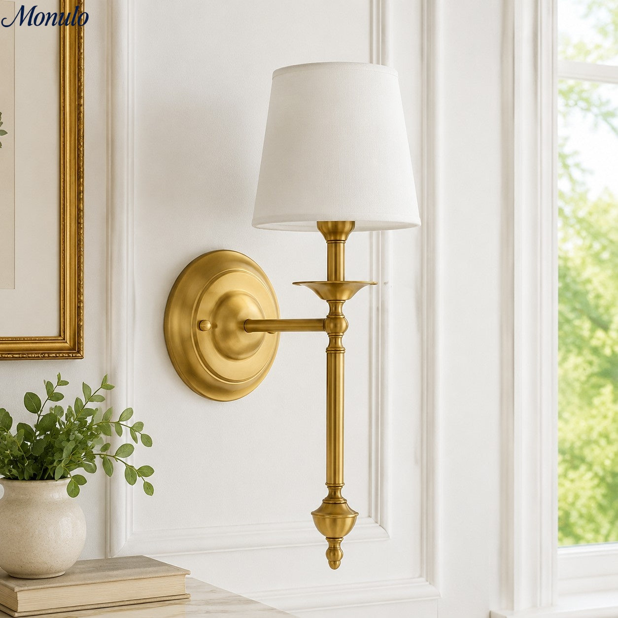 Stoffen Wandlamp met Vintage Koperen Afwerking – Sfeervolle Verlichting voor Hal, Slaapkamer en Woonkamer