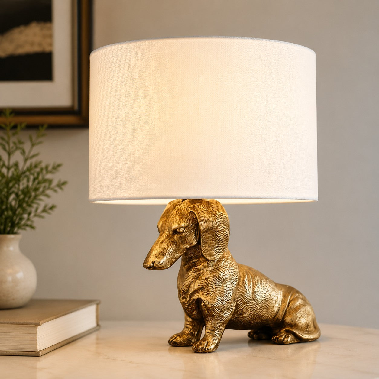 Dierenfiguur Tafellamp met Katoenen Kap – Klassieke Nachtkastlamp met Dierenmotief