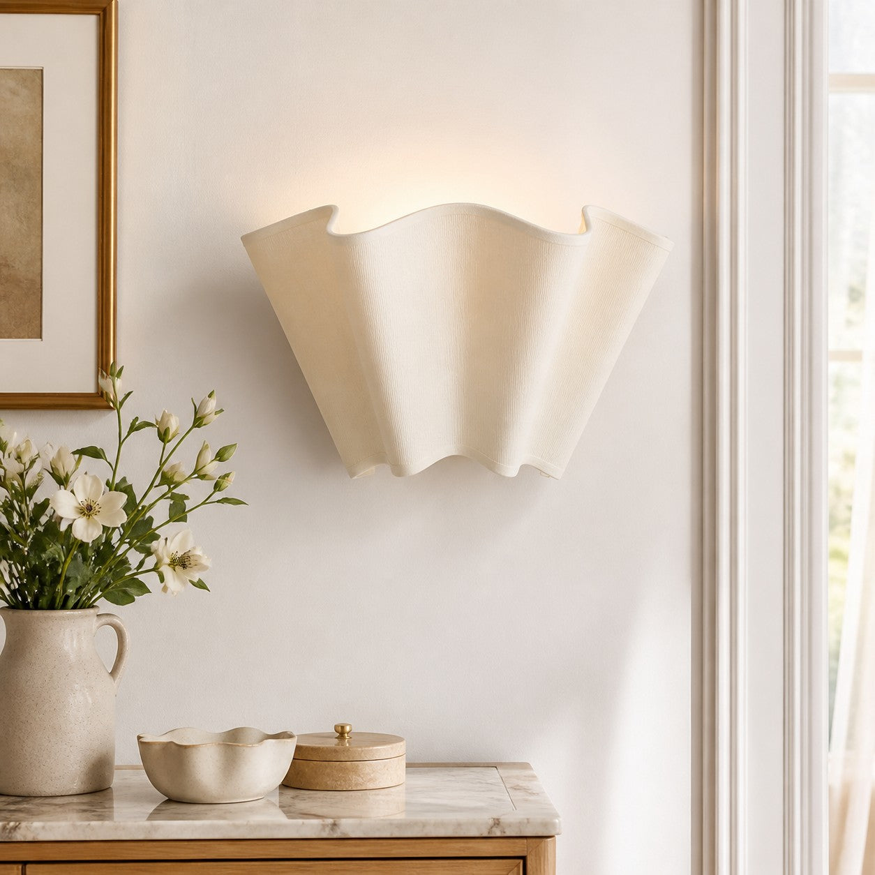 Wandlamp met Scalloped Linnen Kap Retro Design Klassieke Sfeerverlichting voor Woonkamer Slaapkamer Leeshoek