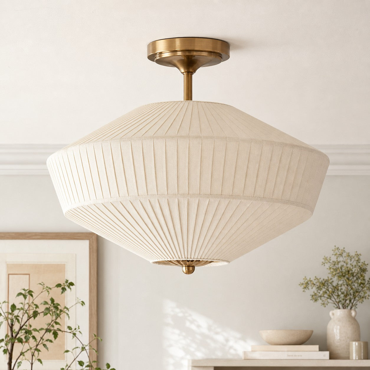 Semi-Flush Plafondlamp Metaal Stoffen Kap Gestroomlijnde Vormgeving Hedendaagse Verlichting Woonkamer Slaapkamer Scandinavisch Interieur Vintage Details