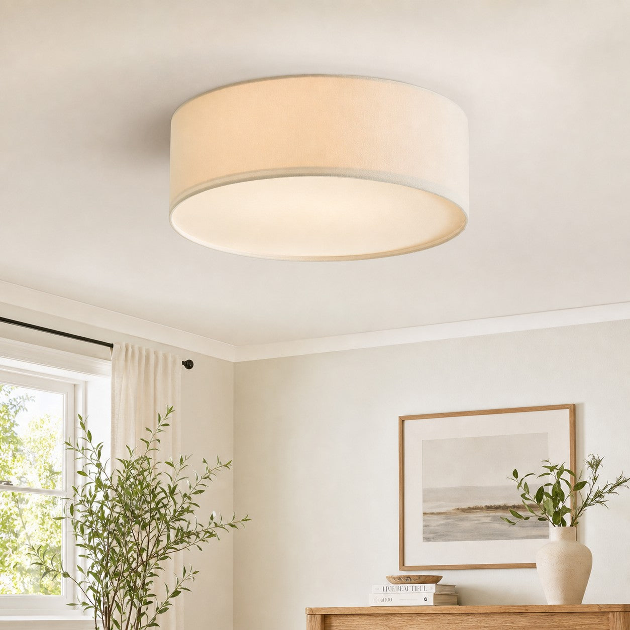 Plafondlamp met Linnen Kap – Drumvorm Ø30/45cm – Modern Scandinavisch Design – Elegante Verlichting Woonkamer Slaapkamer Eetkamer