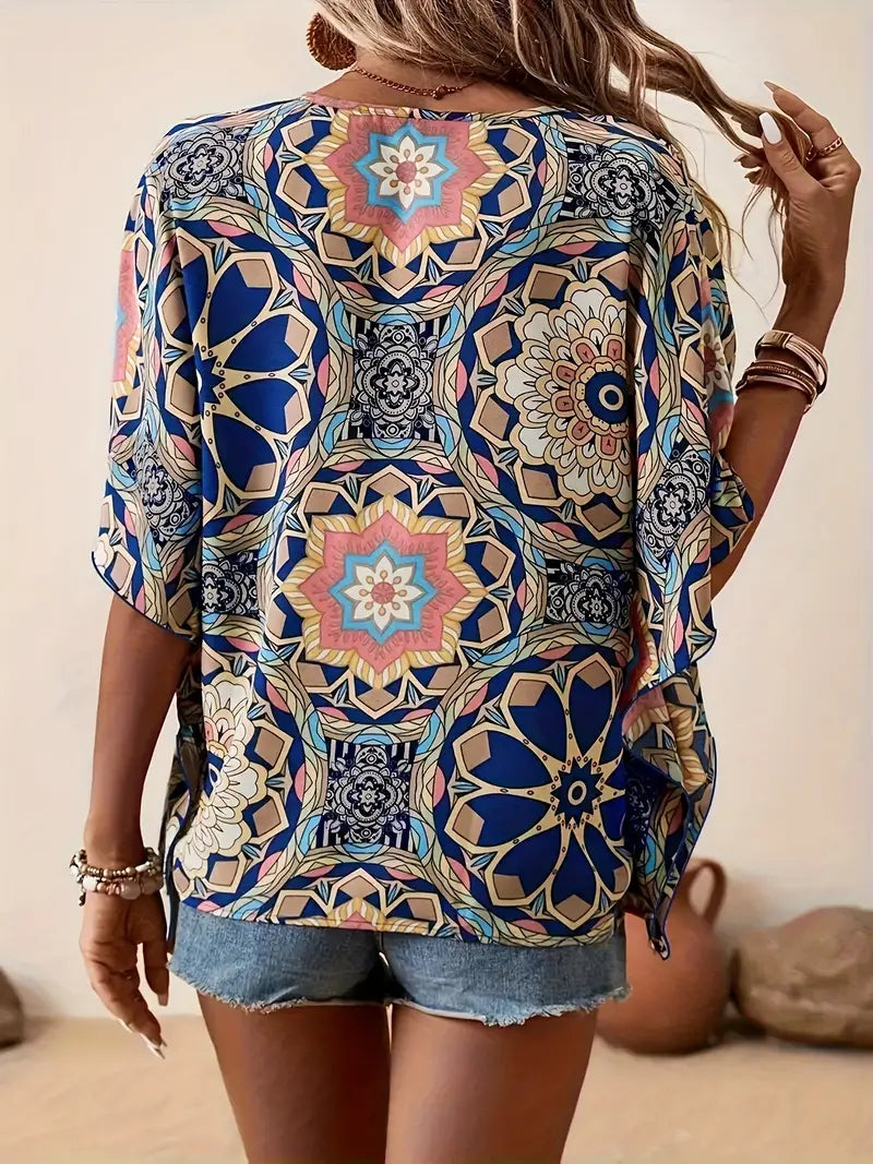 Bloes met Bloemen V-hals voor Vrouw Zomerse Stijl