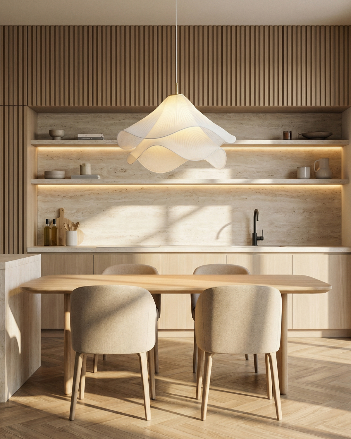 Elegante Bloemvormige Hanglamp Met Gelaagde Stoffen Kap En Gouden Accent