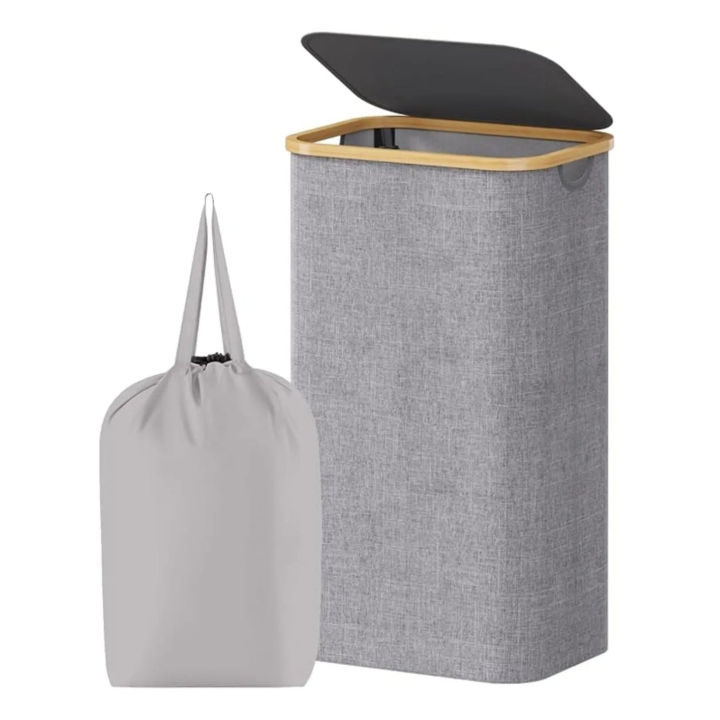 Opvouwbare Wasmand met Deksel 100L Bamboe Handvatten Beige Grijs Zwart Polyester Grote Capaciteit Wasbox