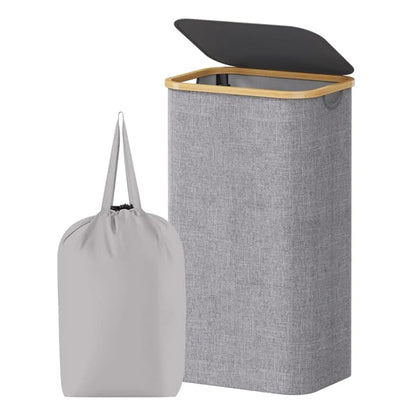 Opvouwbare Wasmand met Deksel 100L Bamboe Handvatten Beige Grijs Zwart Polyester Grote Capaciteit Wasbox