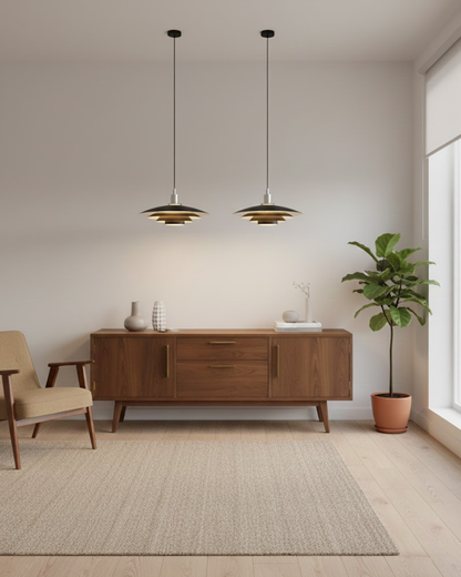 Gelaagde Metalen Hanglamp Zwart Wit Scandinavisch Design Eetkamer Woonkamer Modern Elegant Diffuus Licht Warm Sfeerlicht