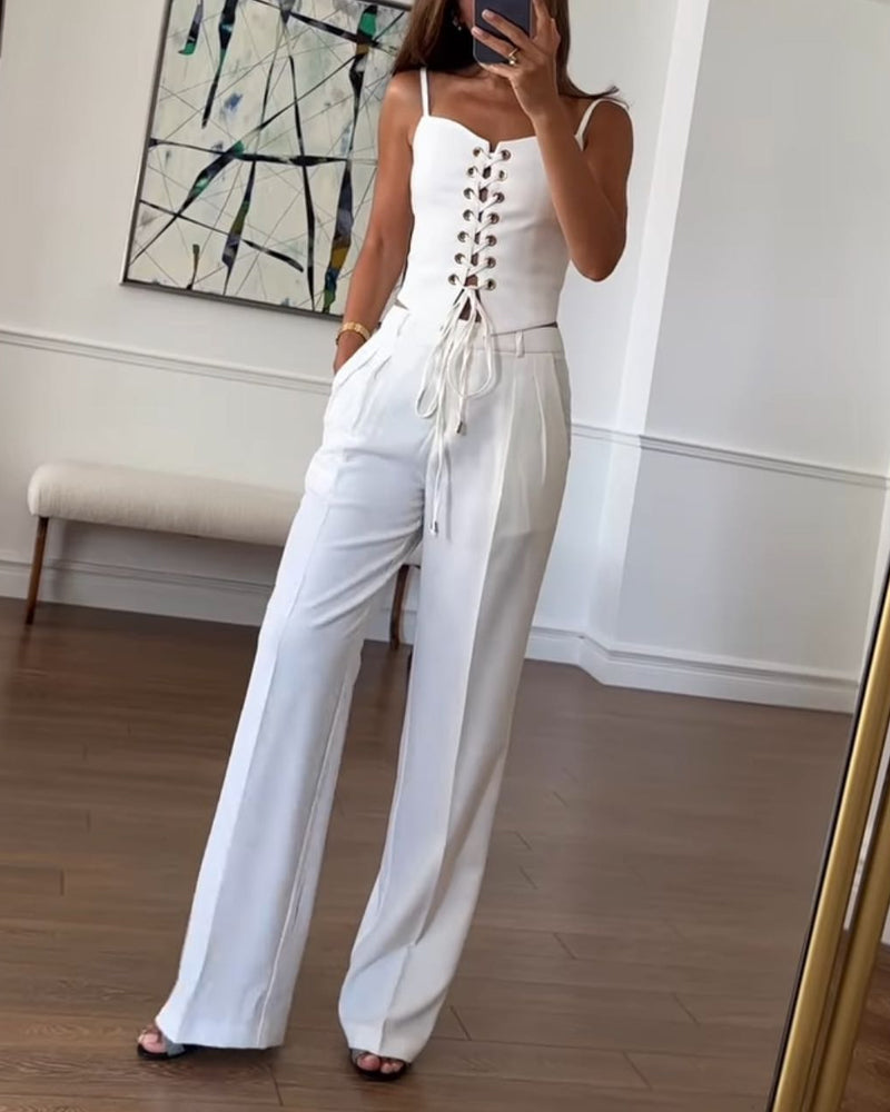 Dames Tweedelige Set Tweed met Strik Wijde Broek