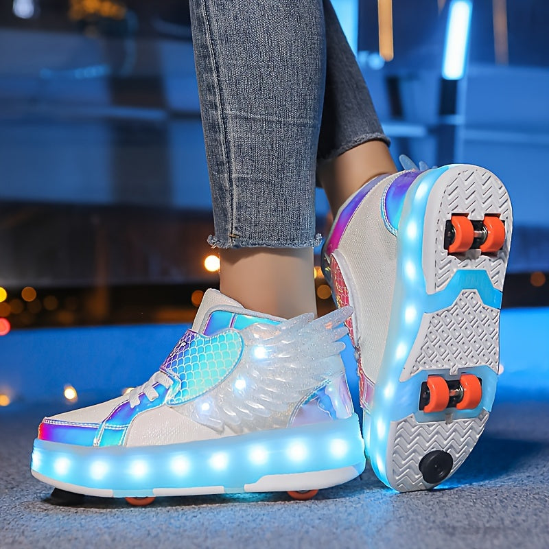 Rolschaats Sneakers USB Oplaadbaar Roze met Vleugels Kinderen Tieners Lichtgevende Skeelerschoenen LED Sneakers met Wielen voor Buiten