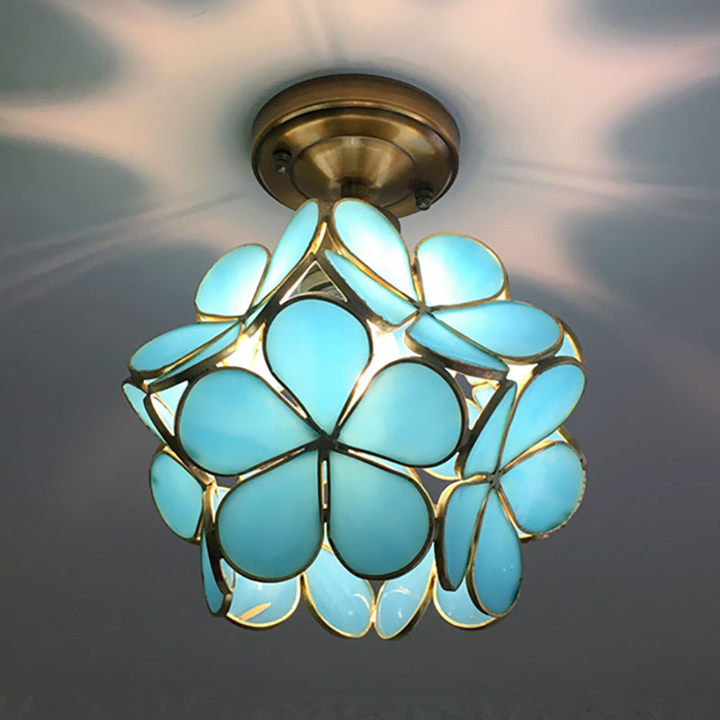 Glazen Plafondlamp met Bloemmotief – Vintage Glas-in-Lood Stijl – 8 inch – Roze/Blauw/Groen/Helder – Retro Semi-Flush Plafondverlichting voor Hal en Gang