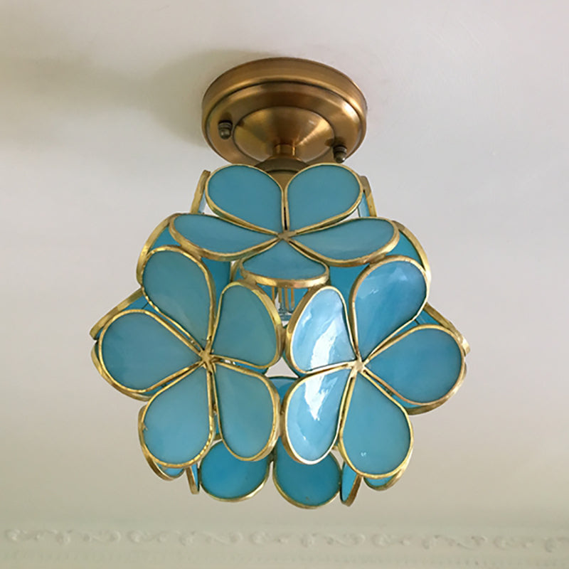 Glazen Plafondlamp met Bloemmotief – Vintage Glas-in-Lood Stijl – 8 inch – Roze/Blauw/Groen/Helder – Retro Semi-Flush Plafondverlichting voor Hal en Gang