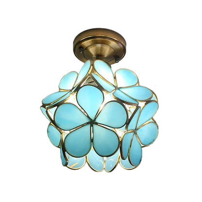 Glazen Plafondlamp met Bloemmotief – Vintage Glas-in-Lood Stijl – 8 inch – Roze/Blauw/Groen/Helder – Retro Semi-Flush Plafondverlichting voor Hal en Gang