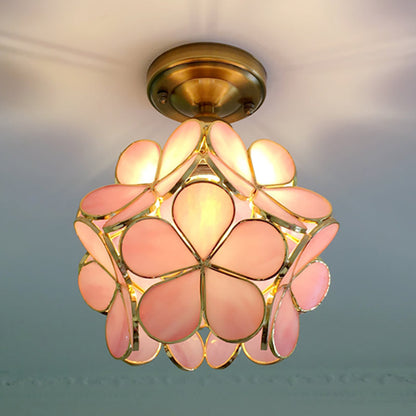 Glazen Plafondlamp met Bloemmotief – Vintage Glas-in-Lood Stijl – 8 inch – Roze/Blauw/Groen/Helder – Retro Semi-Flush Plafondverlichting voor Hal en Gang