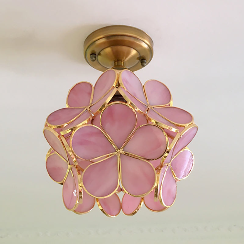 Glazen Plafondlamp met Bloemmotief – Vintage Glas-in-Lood Stijl – 8 inch – Roze/Blauw/Groen/Helder – Retro Semi-Flush Plafondverlichting voor Hal en Gang