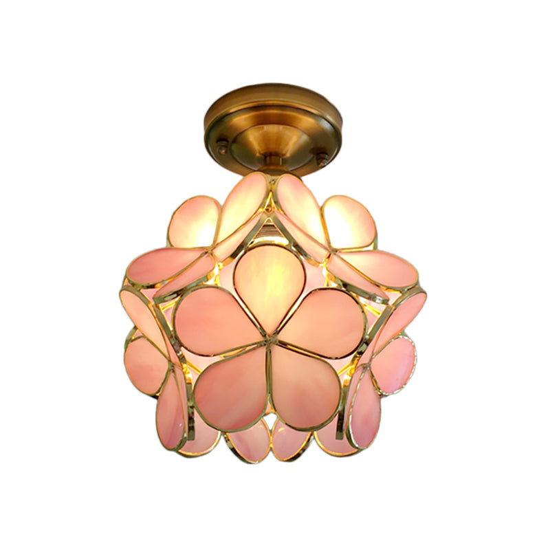 Glazen Plafondlamp met Bloemmotief – Vintage Glas-in-Lood Stijl – 8 inch – Roze/Blauw/Groen/Helder – Retro Semi-Flush Plafondverlichting voor Hal en Gang