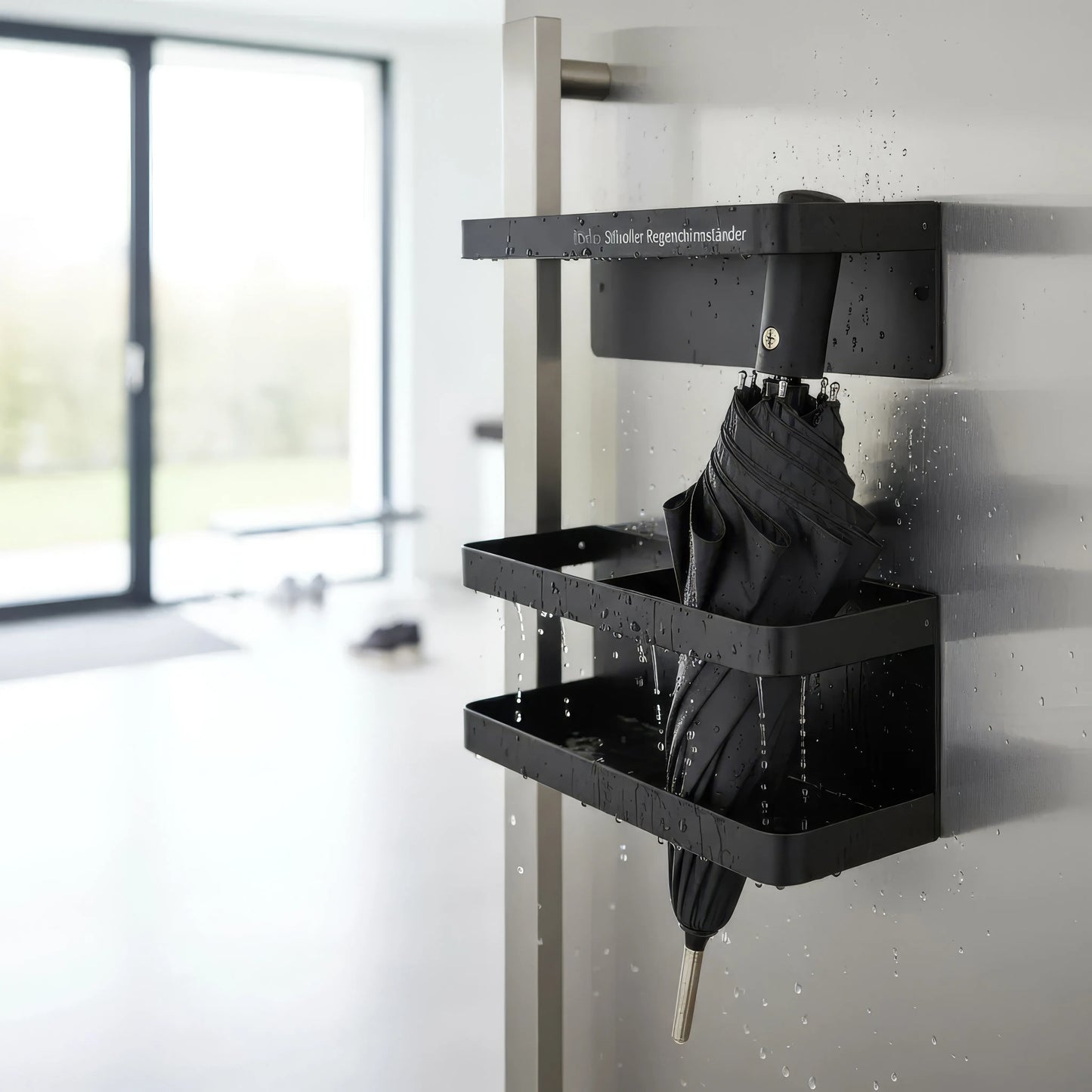 Compacte Parapluhouder Wandmontage Zwart IJzer met Lekbak voor Hal – Ruimtebesparend & Praktisch
