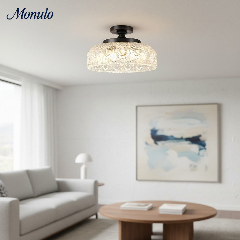 Geribbelde Glazen Plafondlamp met Metalen Armatuur – Minimalistische Verlichting voor Slaapkamer en Gang