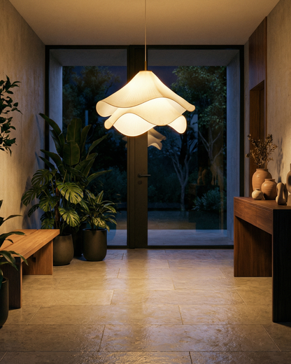 Elegante Bloemvormige Hanglamp Met Gelaagde Stoffen Kap En Gouden Accent