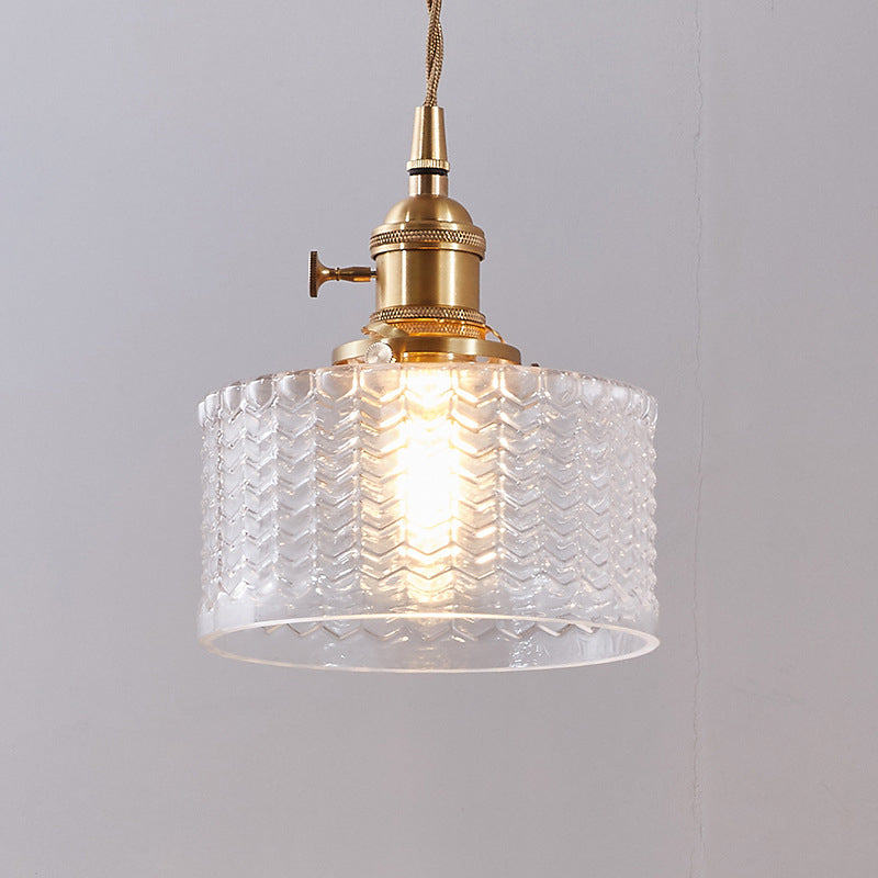 Industriële Hanglamp met Golvend Glas | Korte Cilinder Plafondlamp E26/E27 | Messing Afwerking met Draaischakelaar