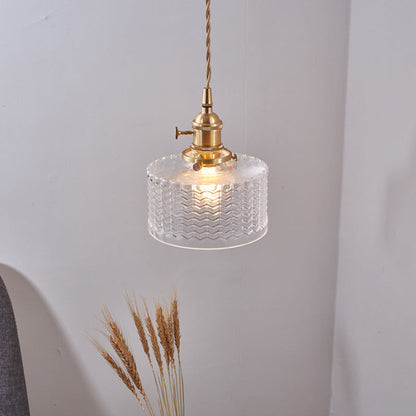 Industriële Hanglamp met Golvend Glas | Korte Cilinder Plafondlamp E26/E27 | Messing Afwerking met Draaischakelaar