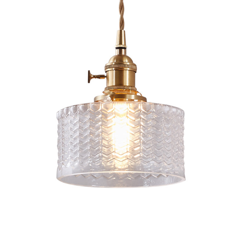 Industriële Hanglamp met Golvend Glas | Korte Cilinder Plafondlamp E26/E27 | Messing Afwerking met Draaischakelaar