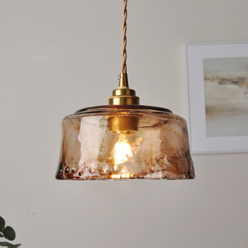 Hanglamp Rustiek Messing met Ronde Amber Albast Glazen Kap 16,5 cm voor Eetkamer Woonkamer Keuken