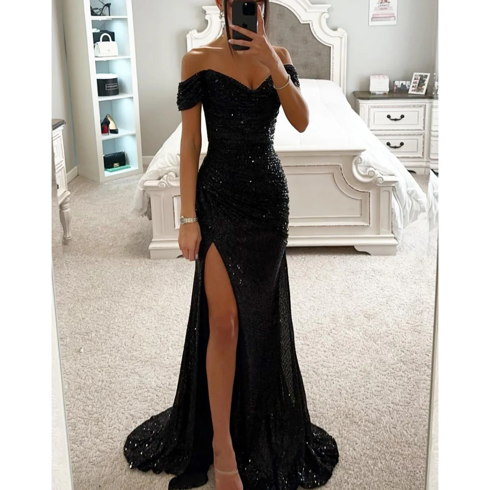 Avondjurk Off-Shoulder Paillettenjurk met Diepe Split