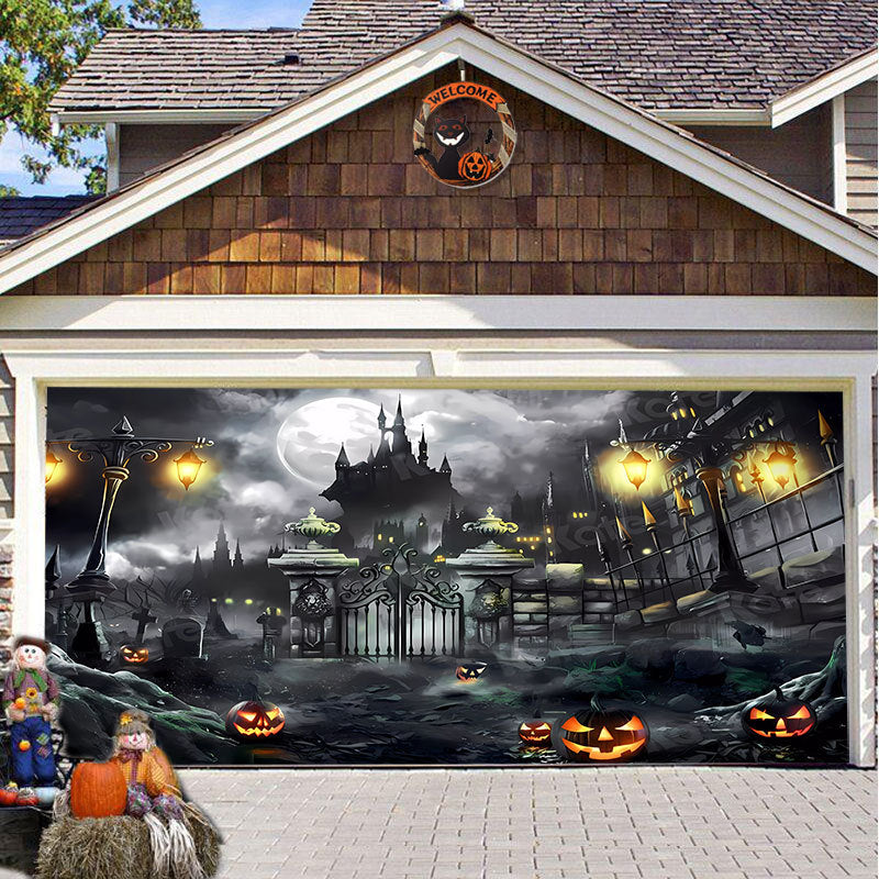 Halloween Garagedeur Decoratie Spookachtige Bedrukking Schaduwdoek Herbruikbaar Horror Sfeer Doek Waterdicht Buiten Feestversiering