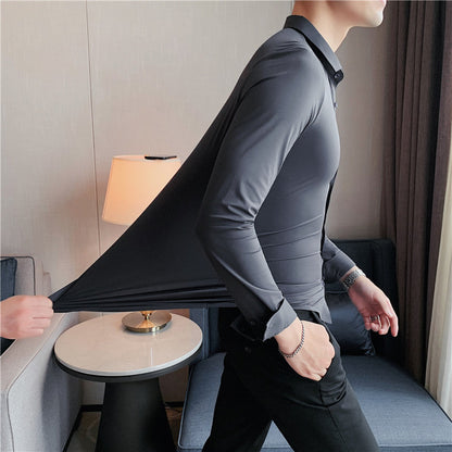 Herenshirt Lange Mouwen Slim Fit Stretch Met Stropdas