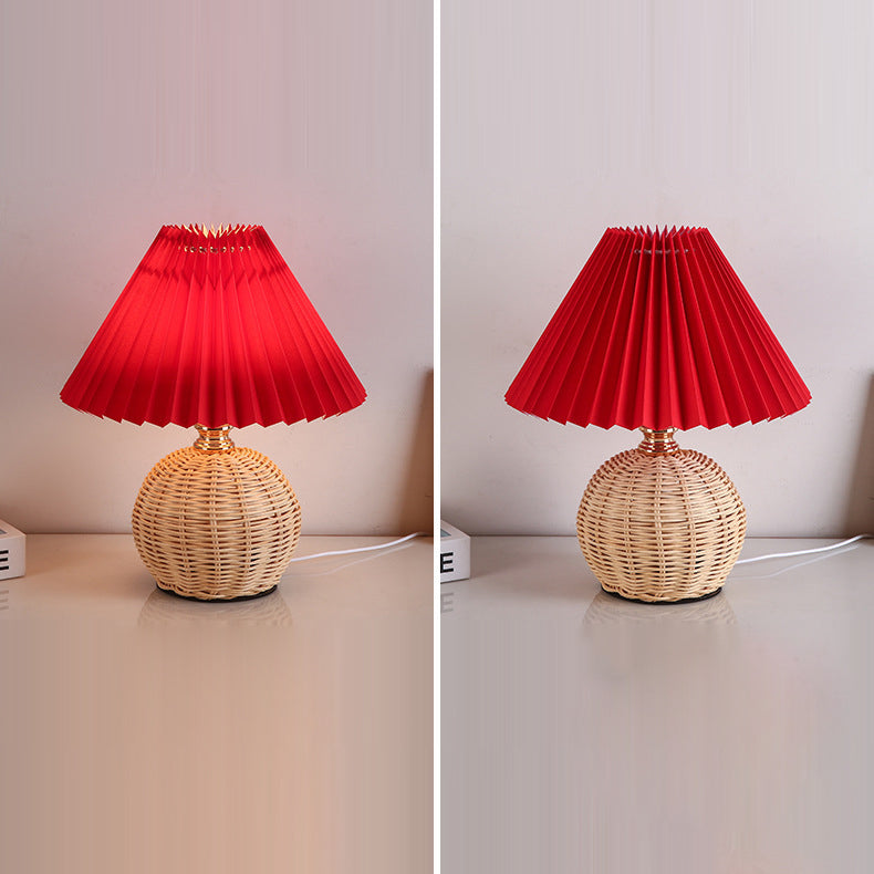 Rotan Tafellamp Geplooide Kap USB 5W Slaapkamer Nachtkastje Scandinavisch Boho Sfeerverlichting Riet Bureau Leeslamp