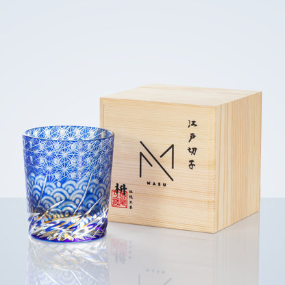 Whiskeyglas Edo Kiriko Blauw Amber Handgemaakt Sterchysant Sterrenzee Japans Kristal