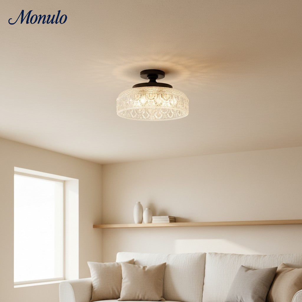 Geribbelde Glazen Plafondlamp met Metalen Armatuur – Minimalistische Verlichting voor Slaapkamer en Gang
