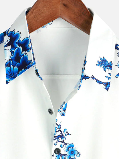 Mannen Zomeroverhemd Wit Korte Mouwen Bloemenprint