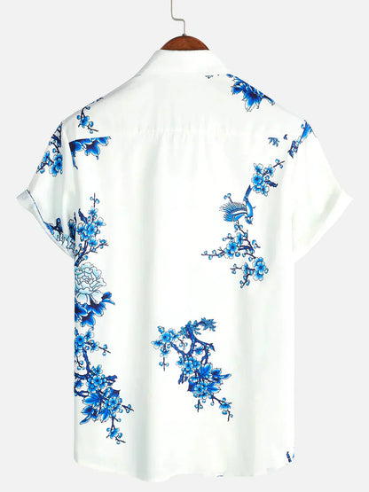 Mannen Zomeroverhemd Wit Korte Mouwen Bloemenprint