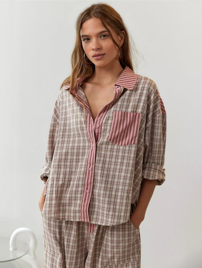 Vrouwelijke Pyjamaset Geruit Casual Losse Delen