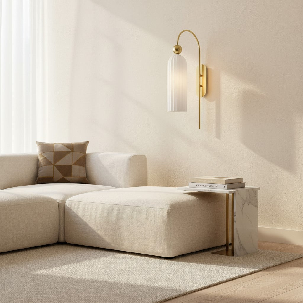 Geribbelde Glazen Wandlamp Cilindervorm met Gouden Fitting voor Gang, Slaapkamer, Woonkamer