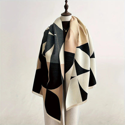 Omkeerbare Sjaal met Geometrisch Blokdesign Warm Zachte Microvezel Poncho voor Herfst en Winter