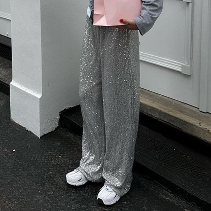 Dames Pantalon Glimmer Broek met Pailletten en Wijd Model